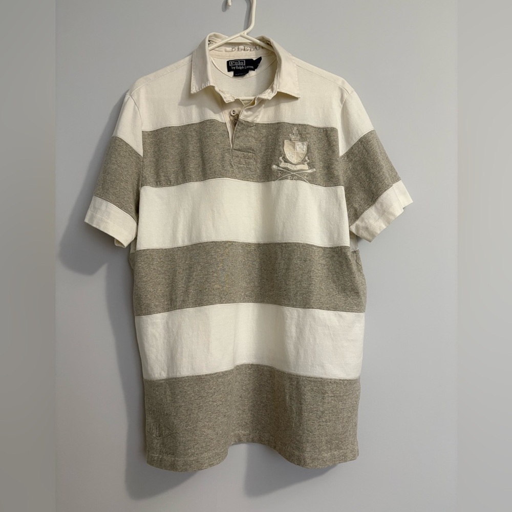 VTG Polo by Ralph Lauren Mens Polo Shirt Striped Short Sleeve Large Gray White